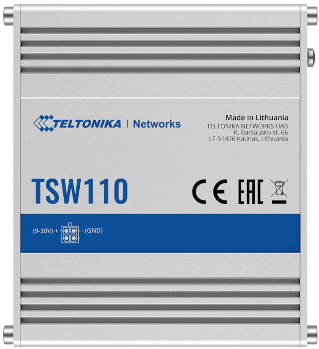 Коммутатор промышленный неуправляемый Teltonika Networks TSW110 5x10/100/1000 Mbps, IEEE 802.3, IEEE 802.3u, 802.3az, supports auto MDI/MDIX маршрутизатор mikrotik routerboard rb2011il rm 5x10 100 mbps 5x10 100 1000 mbps rack mount
