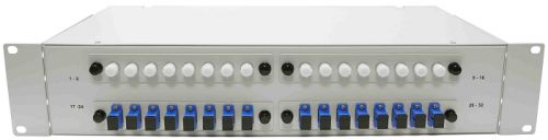 Кросс оптический стоечный 19 стационарный 2U TELCORD КСу-32-2U 32-ST/APC-32-ST/APC-SM-1-КУ-GY 32 адаптера ST/APC, 32 пигтейла ST/APC SM (OS2 9/125),
