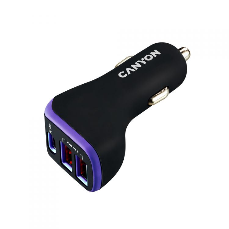 

Зарядное устройство автомобильное Canyon С-08 CNE-CCA08PU 2*USB, 2.4A, Type-C PD 18W, Smart IC, black/purple, С-08