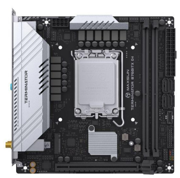 

Материнская плата mini-ITX MAXSUN Terminator B760ITX D4 WIFI (LGA1700, B760, 2*DDR4 (5333), 4*SATA 6G RAID, 2*M.2, PCIE, 2.5Glan, WiFi, BT, HDMI, DP,, Terminator B760ITX D4 WIFI