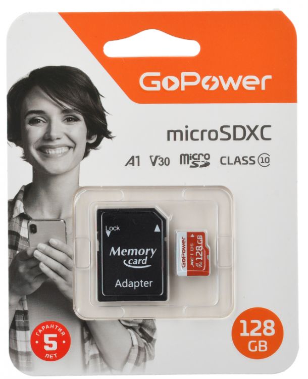 

Карта памяти MicroSDXC 128GB GoPower 00-00025682 Class10 UHS-I (U3) 100 МБ/сек V30 с адаптером, 00-00025682