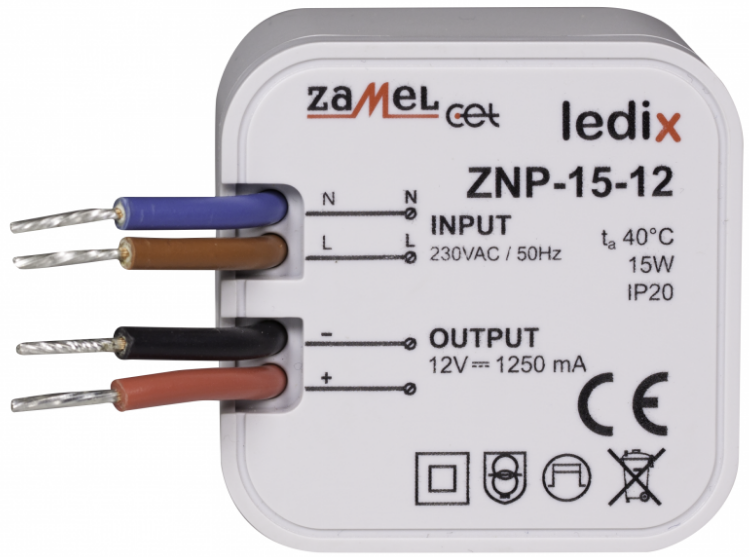 

Блок питания Zamel ZNP-15-12 LED 12V DC 15W в монт.коробку, ZNP-15-12