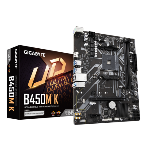 Материнская плата mATX GIGABYTE B450M K (AM4, AMD B450, 2*DDR4 (3600), 4*SATA 6G RAID, M.2, 2*PCIE, Glan, HDMI, 4*USB 3.2, 2*USB 2.0)