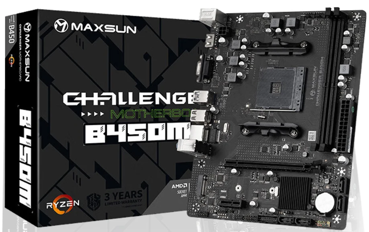 Материнская плата mATX MAXSUN Challenger B450M (AM4, AMD B450, 2*DDR4 (3200), 4*SATA 6G RAID, M.2, 2*PCIE, Glan, VGA, HDMI, 2*USB 3.2, 2*USB 2.0) RTL