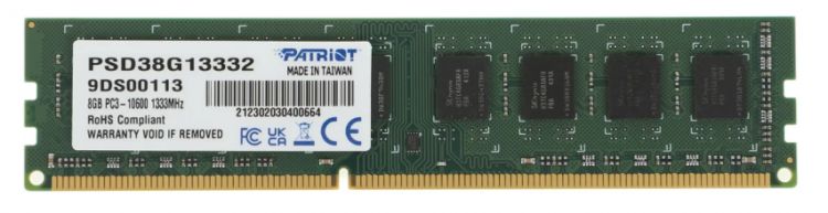 Модуль памяти DDR3 8GB Patriot Memory PSD38G13332 PC3-10600 1333MHz CL9 1.5V RTL модуль памяти qumo 4gb ddr3 1333mhz sodimm 204pin cl9 qum3s 4g1333c9