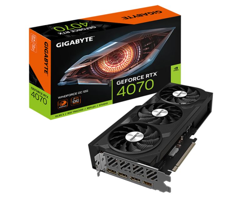 

Видеокарта PCI-E GIGABYTE GeForce RTX 4070 WINDFORCE OC (GV-N4070WF3OC-12GD) 12GB GDDR6X 192bit 5nm 1920/21000MHz HDMI/3*DP, GeForce RTX 4070 WINDFORCE OC (GV-N4070WF3OC-12GD)