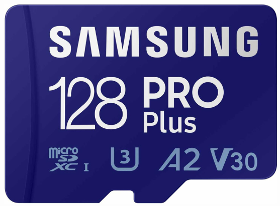 

Карта памяти MicroSDXC 128GB Samsung MB-MD128SA/EU PRO Plus Class 10, A2, V30, UHS-I (U3), W 130 МБ/с, R 180 МБ/с, адаптер на SD, MB-MD128SA/EU