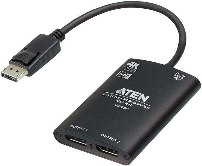 Концентратор Aten VS92DP-AT 2-портовый True 4K DisplayPort MST aten kvm переключатель aten cs782dp 2 x портовый usb displayport cs782dp at