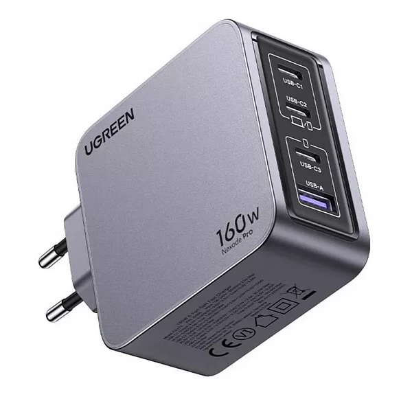 Зарядное устройство сетевое UGREEN X763 25877_ Nexode Pro 160W USB-A+3*USB-C GaN Tech Fast Charger EU с кабелем 1M 100W. Цвет: серый