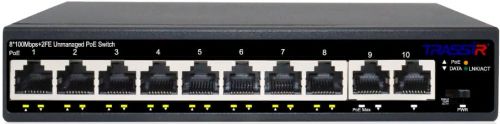 Коммутатор неуправляемый TRASSIR TR-NS1110-105-8POE с 8 PoE портами (2 uplink-порта 10/100 Мбит/с, 8