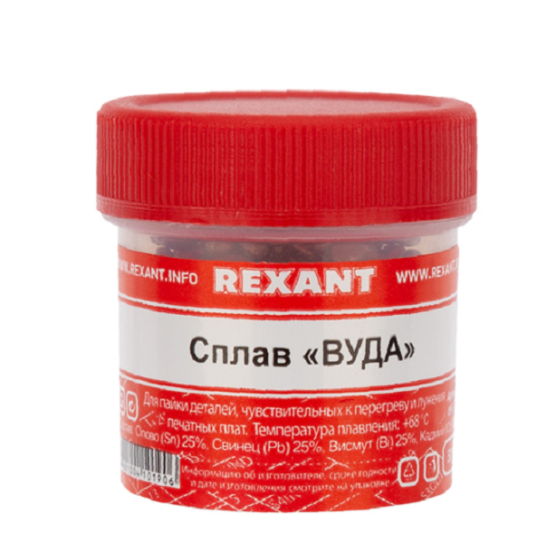 

Припой Rexant 09-3493 «Сплав Вуда», 50 г, (олово 12.5%, свинец 25%, Висмут 50%, Кадмий 12.5%), баночка, 09-3493