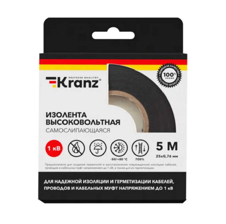 

Изолента KRANZ KR-09-2511 высоковольтная самослипающаяся, до 1кВ, 0.76х25 мм, 5 м, KR-09-2511