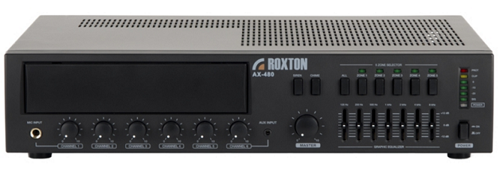 

Усилитель Roxton AX-480 480 Вт, 3 микр.+ 3 унив. входа, 5 зон, работа с RM-05, AX-480