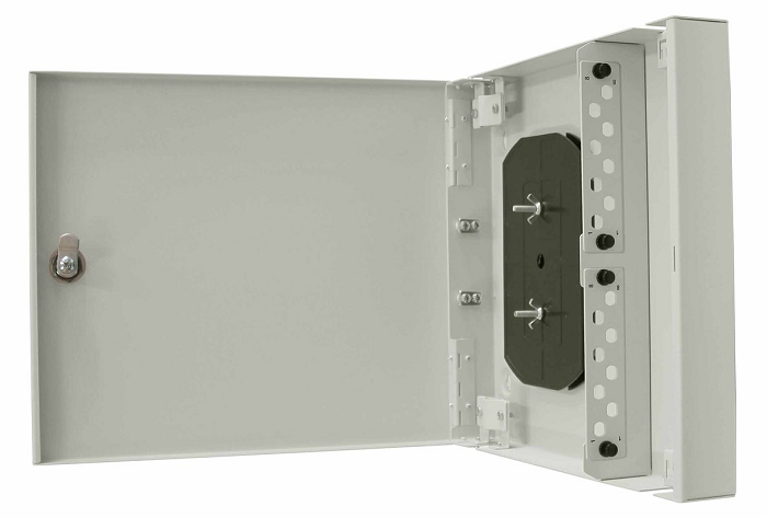 Кросс оптический настенный с дверцей, с замком TELCORD КН-16 16-LC/SM-d-32-LC/UPC-SM-1-КУ-GY 350х305х60 мм, 16 адаптеров LC/SM, 32 пигтейла LC/UPC SM
