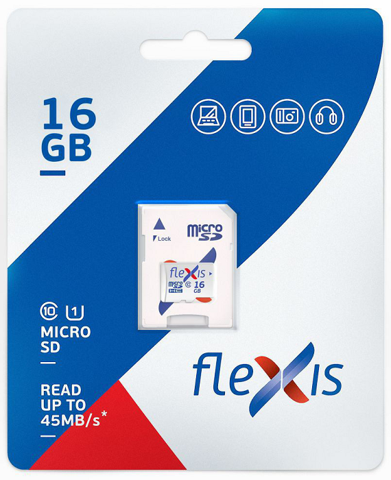 

Карта памяти MicroSDHC 16GB Flexis FMSD016GU1A Cl10 U1, c адаптером, FMSD016GU1A