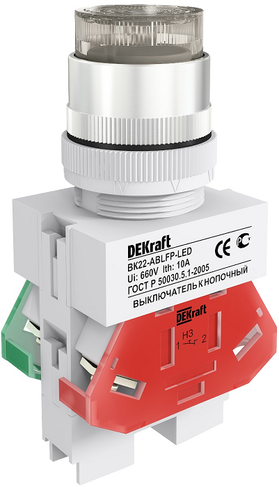 

Выключатель DEKraft 25025DEK ВK-22 кнопочный ABLFP D=22мм LED 220В белый, 25025DEK