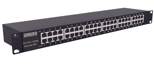 Грозозащита OSNOVO SP-IP24/1000R для локальной вычислительной сети (скорость до 1000Мбит/с) на 24 порта. Двухступенчатая защита. Макс. длительное раб.